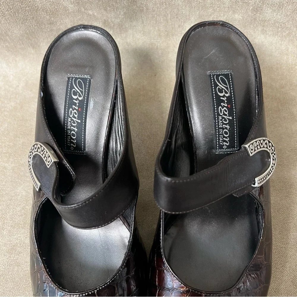 Brighton BEAU Bronze Patent Leather Croc Shoes Mules Heels Sz 4